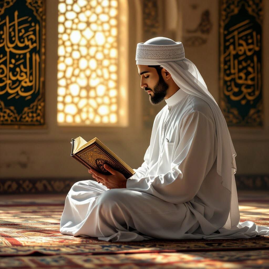 Muslim Man Reads Quran in Mosque, Golden Light