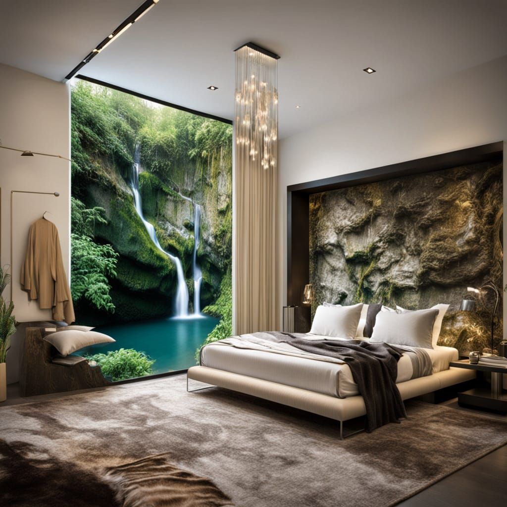 Waterfall Bedroom Oasis: Nature Meets Interior Design