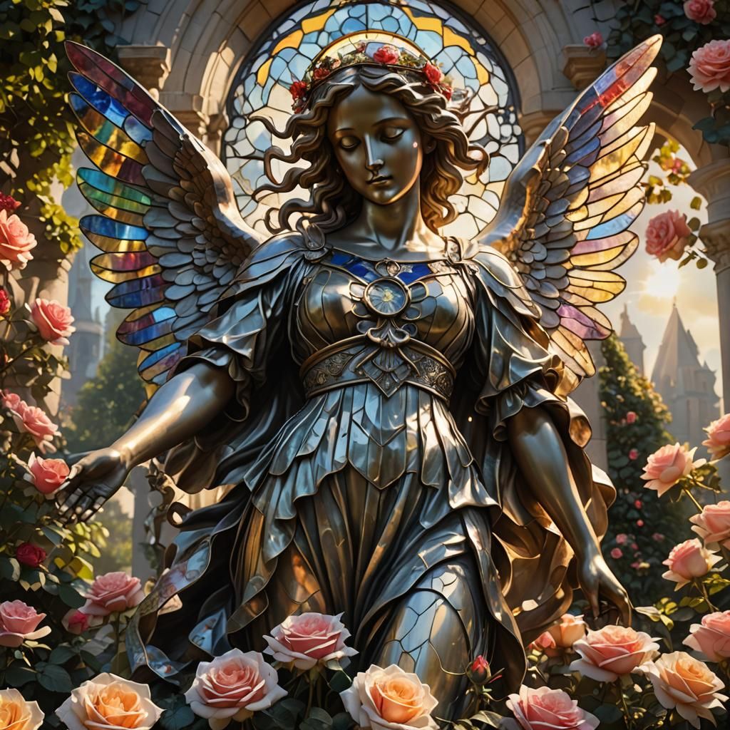 Angel Statue with Stained Glass Wings in Sunlight