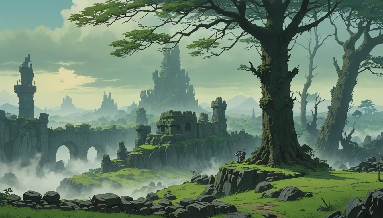 Surreal Stone Wall Landscape in Studio Ghibli Style