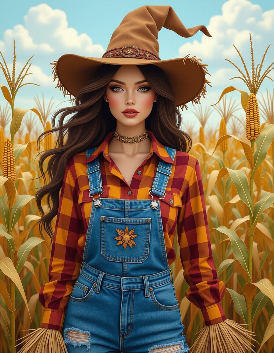 Sultry Spooky Scarecrow in Fall Cornfield 3D Crayon Art