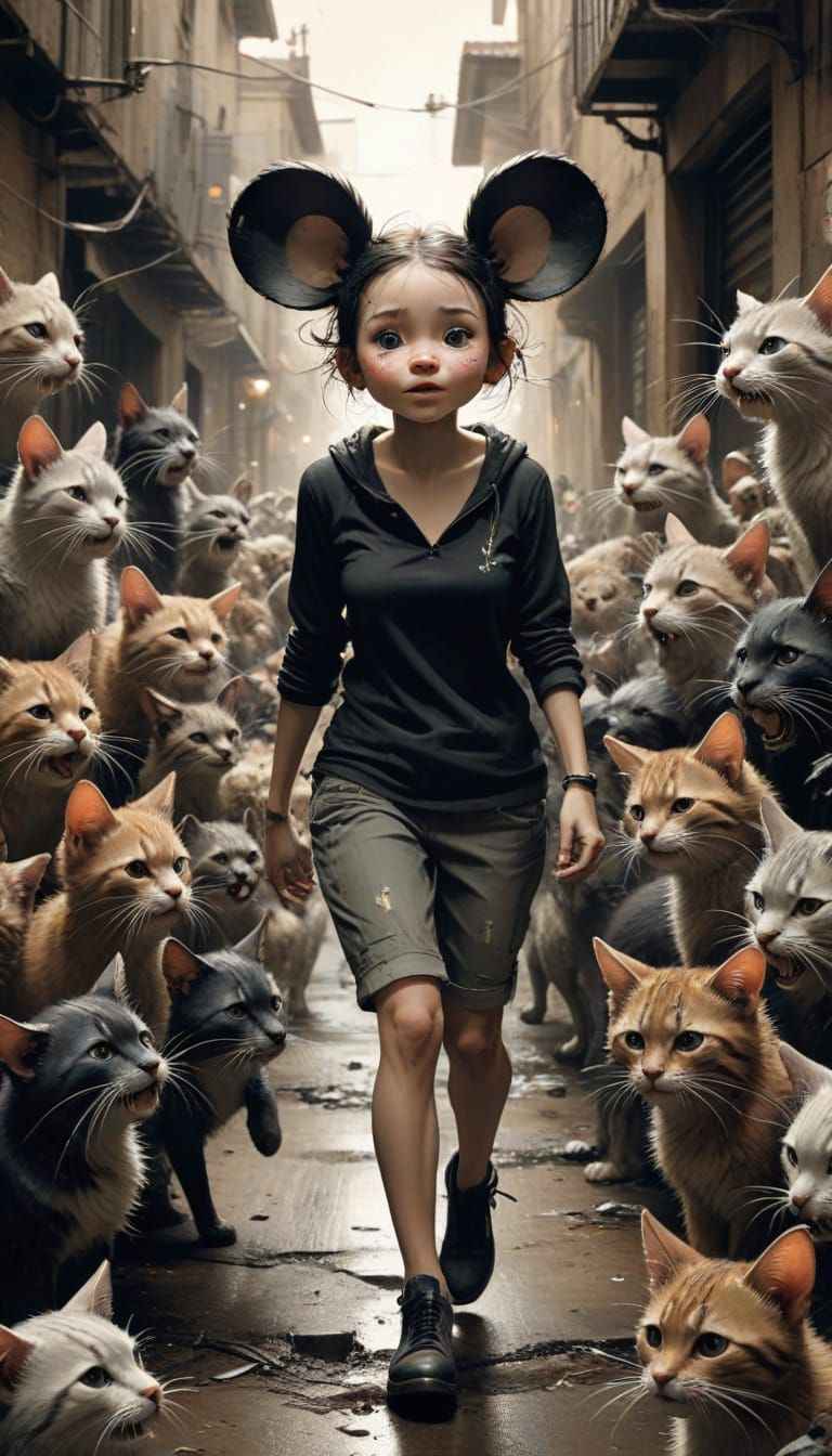 Mouse-Eared Figure Crying in Cat Alley, Caricature Art