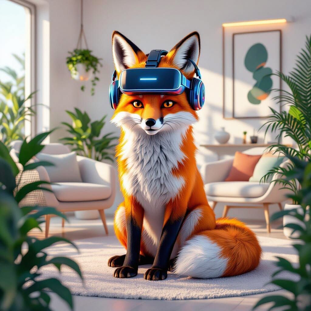 Neon Fox in Cozy Minimalist House with Futuristic Headset