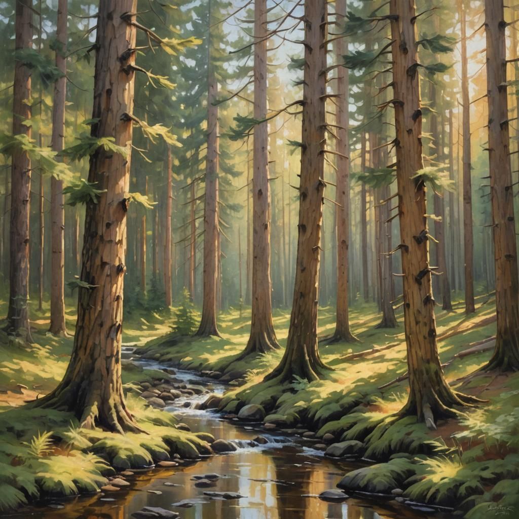 Golden Sunlight Through Pines: Impressionist Oil Painting