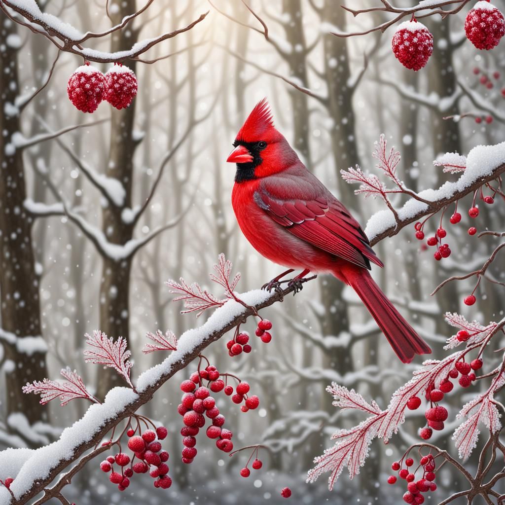 Vibrant Winter Cardinal Perched on Crimson Berry Branch