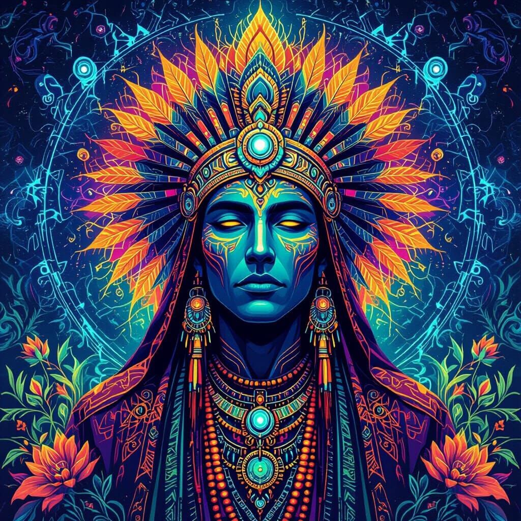 Shamanic Album Cover with Tribal Face in Neon Hues