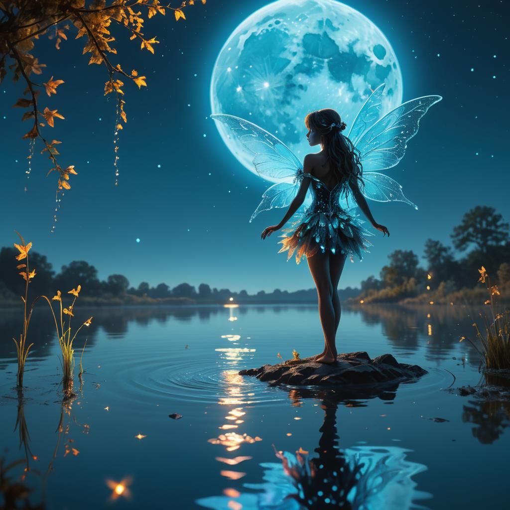 Fairy Silhouette Under Sparkling Moon, Impressionist Style
