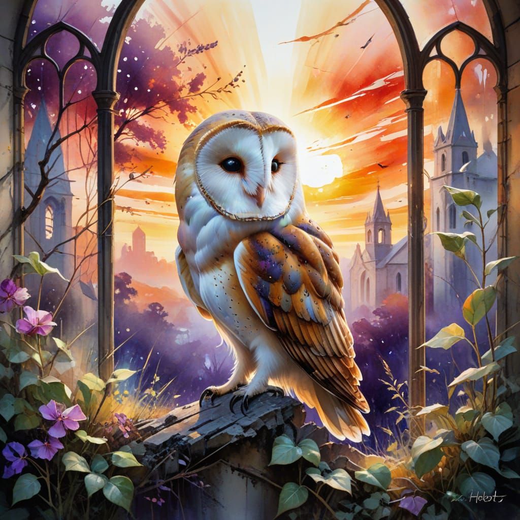 Barn Owl in Stained Glass Window at Sunset