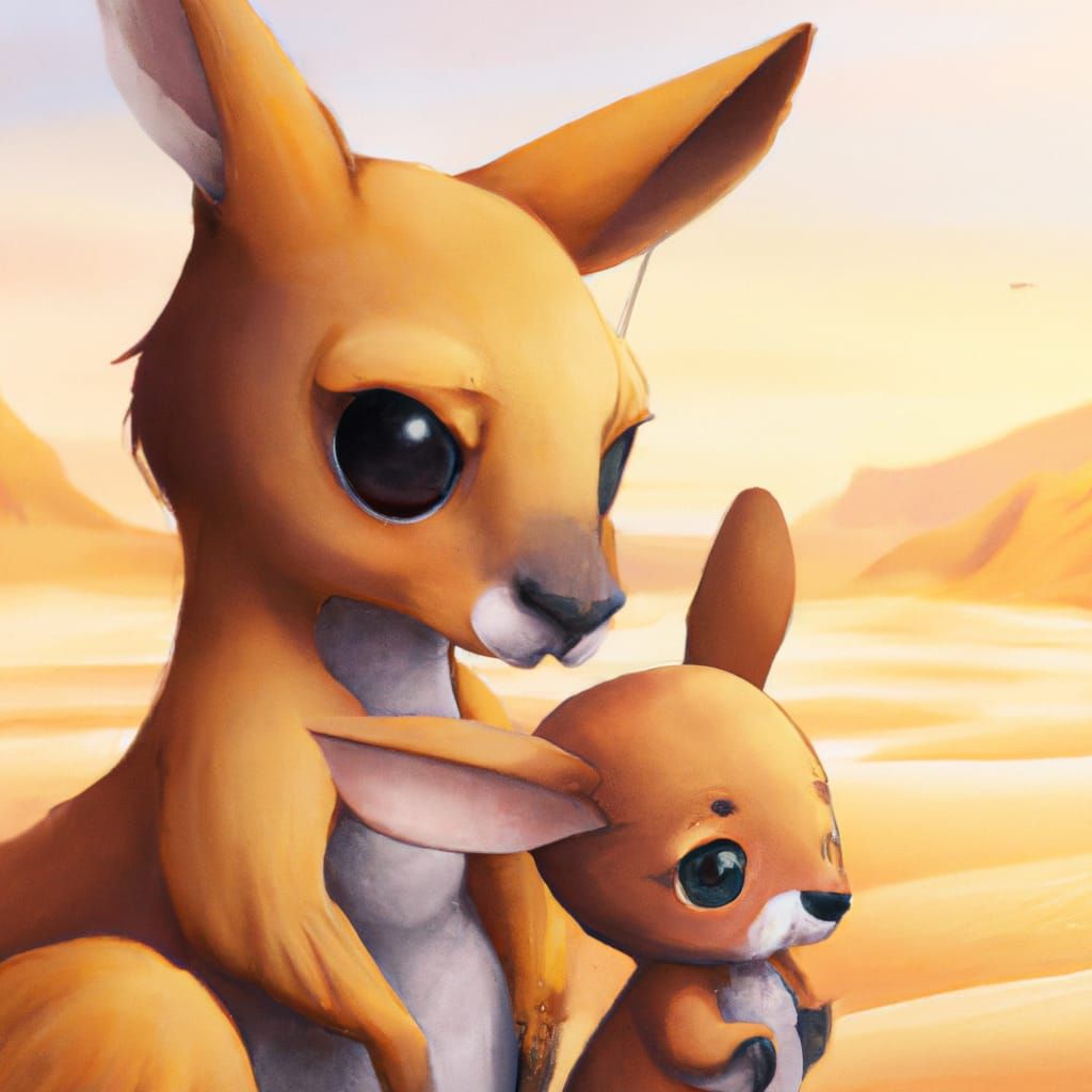 Adorable Chibi Kangaroo Family in Desert Illustration