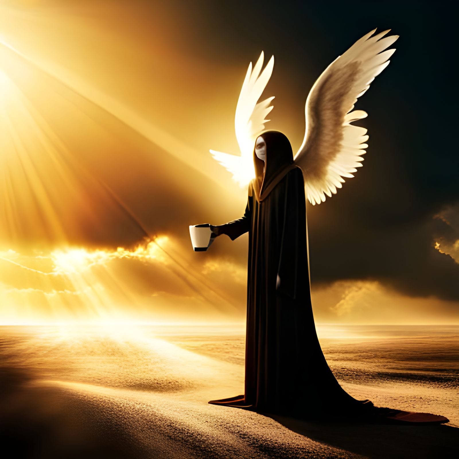 Angel of death having a cup of coffee.