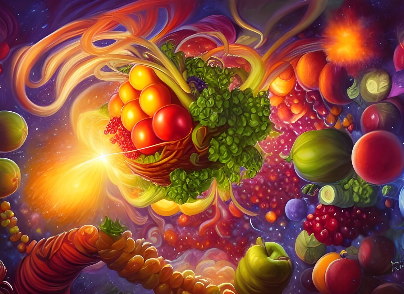 Cosmic Cornucopia: Fruits and Vegetables in Surreal Explosio...