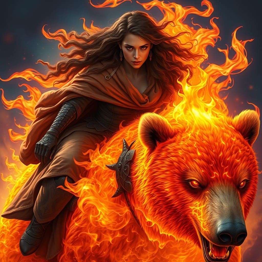 Woman Rides Flame Bear in Epic, Hyper-Realistic Art