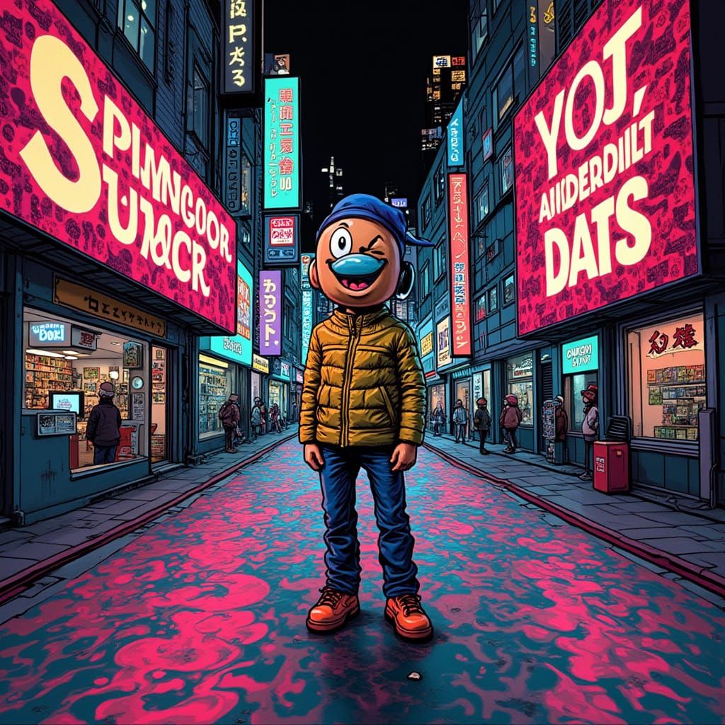 Explosive Pop-Art Figure in Neon City Chaos