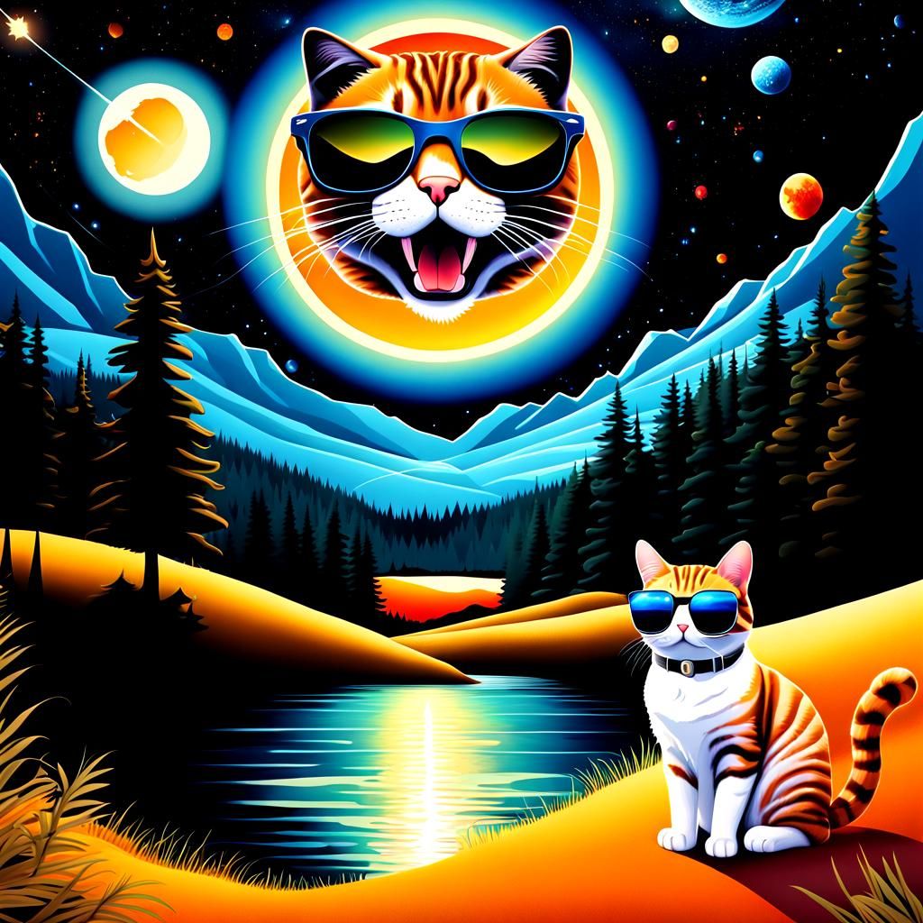 Cosmic Cat in Surreal Landscape: Digital Illustration
