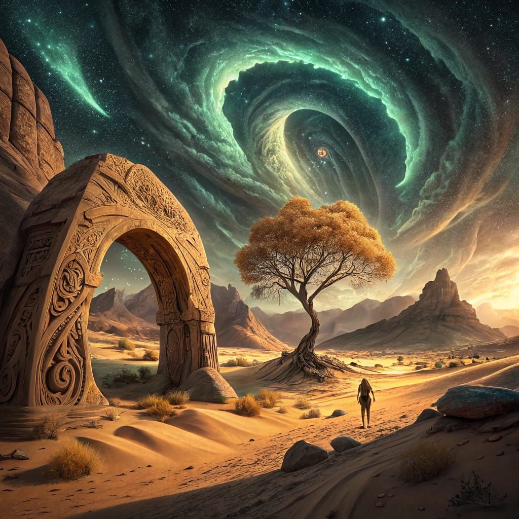 Majestic Golden Arch in Hyperrealistic Desert Landscape