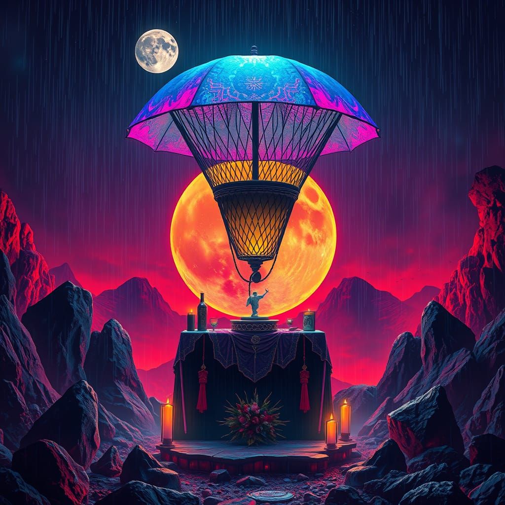 Halo uber sun balloon aetheric net drum over firey lunar artistic electric altar umbrella rain race awesome