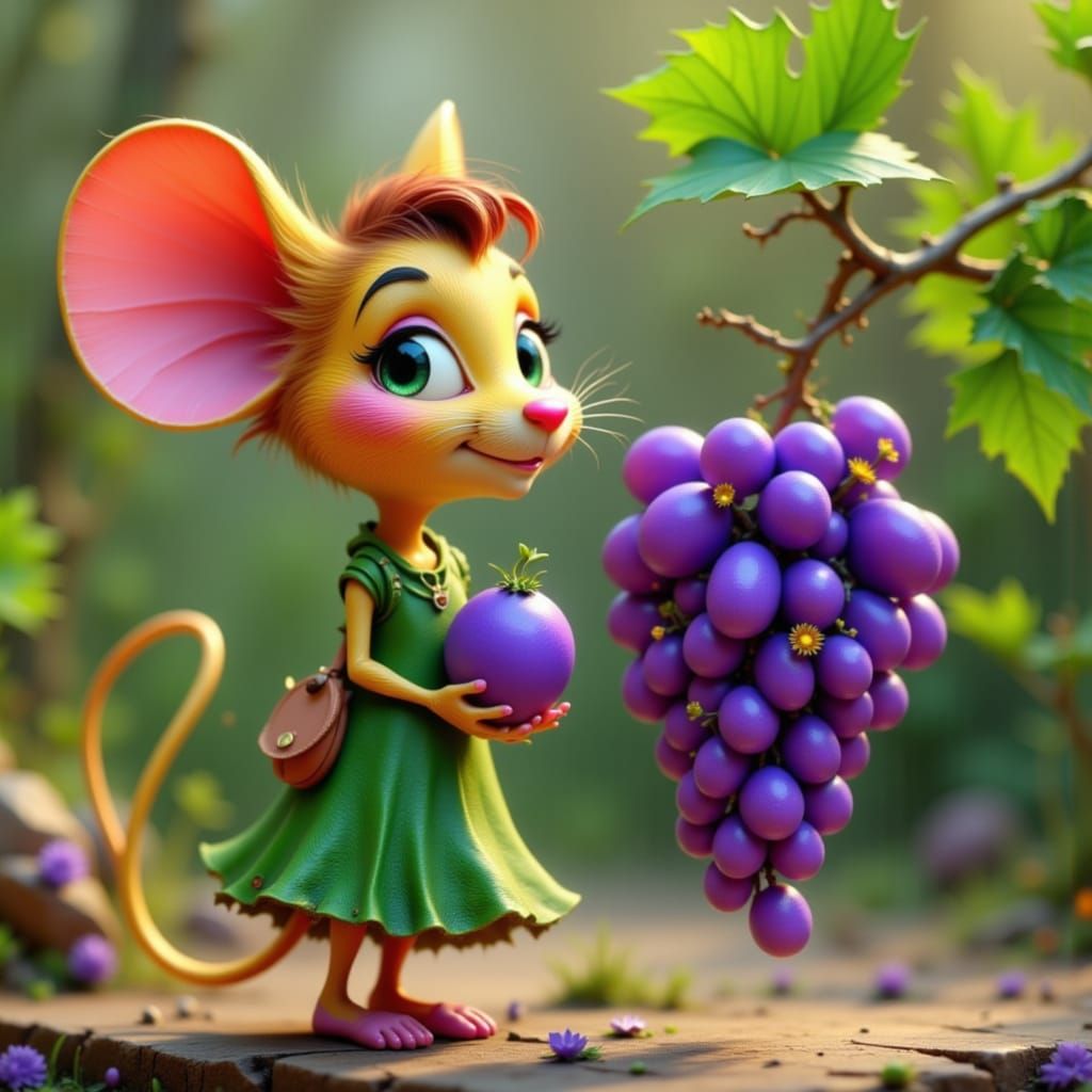 Anthropomorphic Mouse with Giant Grape in Clay Style
