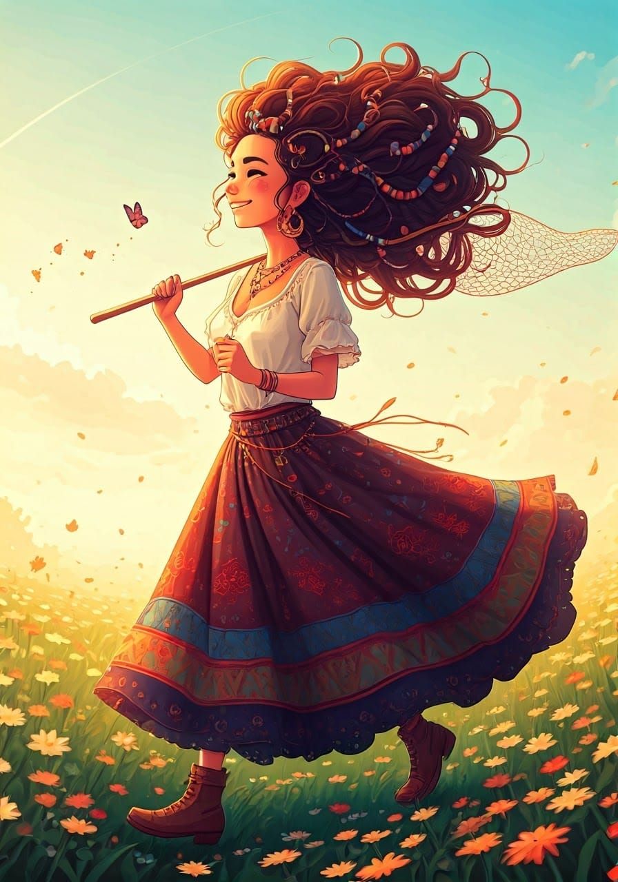 Bohemian Woman Chasing Butterflies, Studio Ghibli Style
