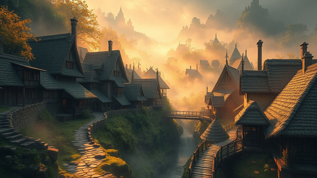 Mystical Village in Lush Valley with Golden Light