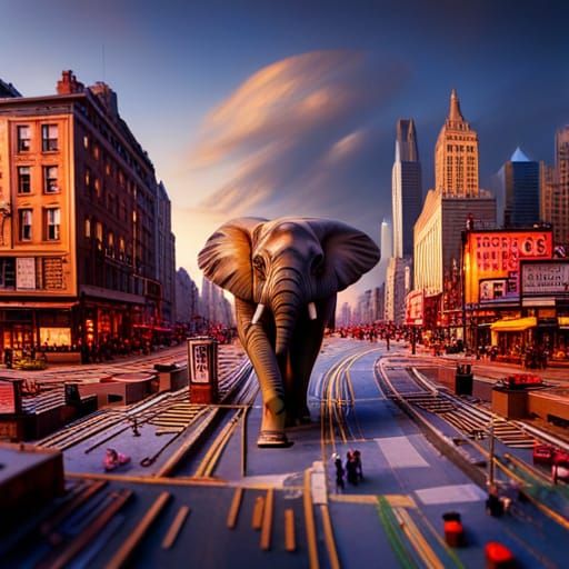 Elephant walking through a miniature city