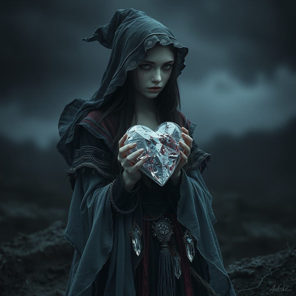 Young Witch with Frozen Heart in Dark Fantasy Style
