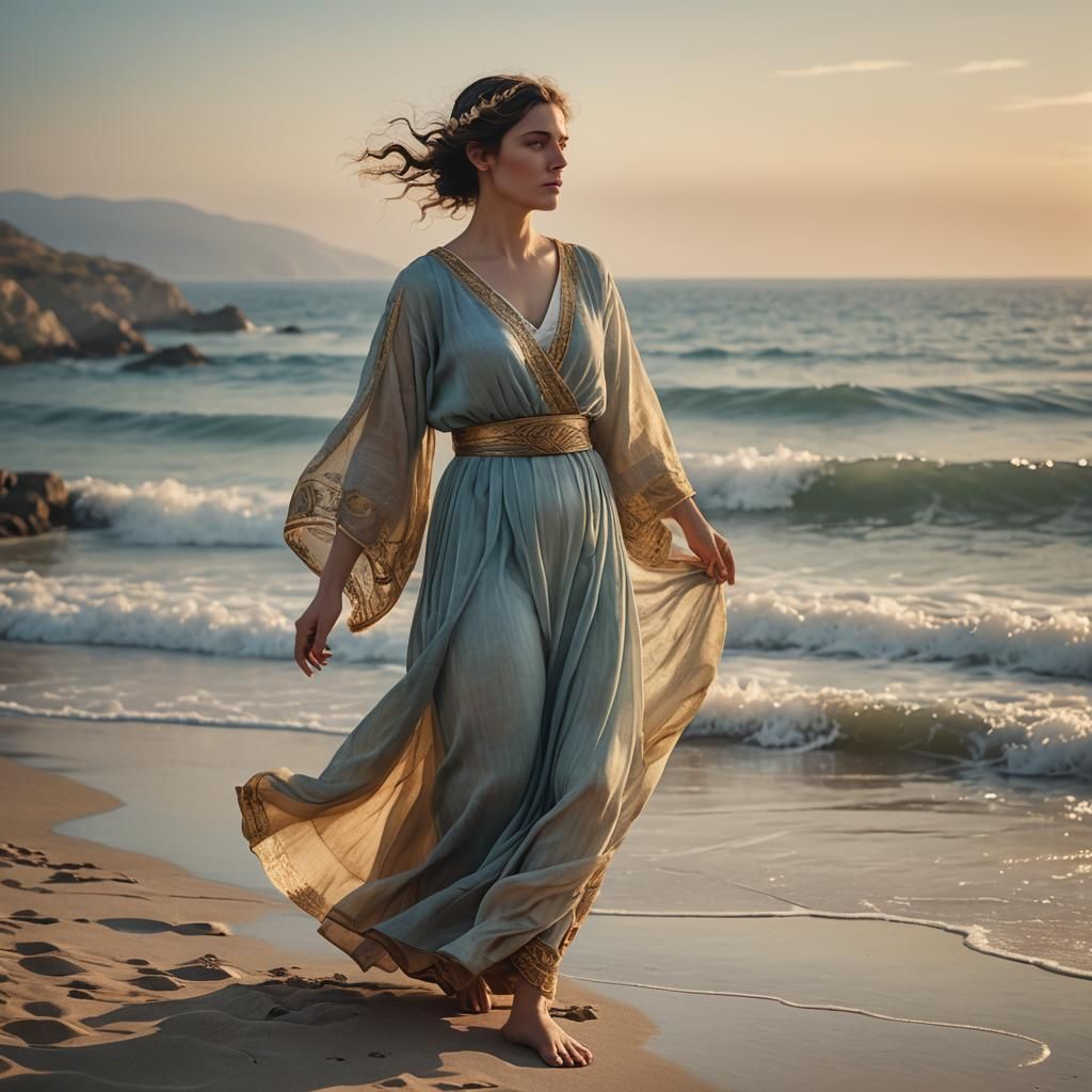 Classical Greek Woman at Sea Shore in Golden Light
