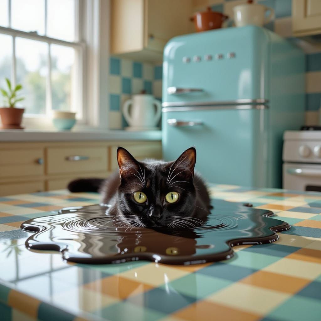 Surreal Cat Meltdown in Retro Kitchen