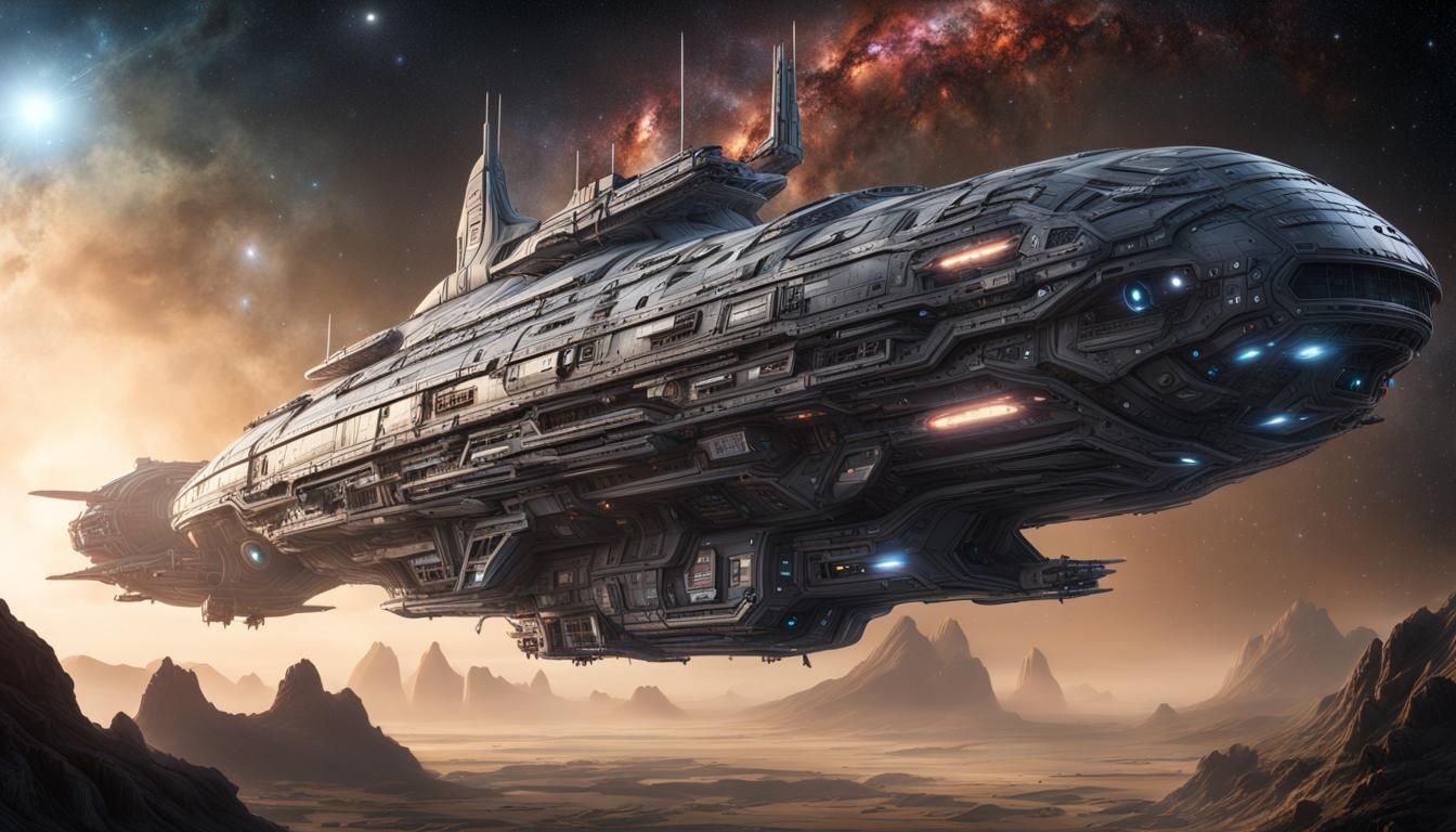 Intricate Spaceship Soaring Through Galaxy: Matte Painting