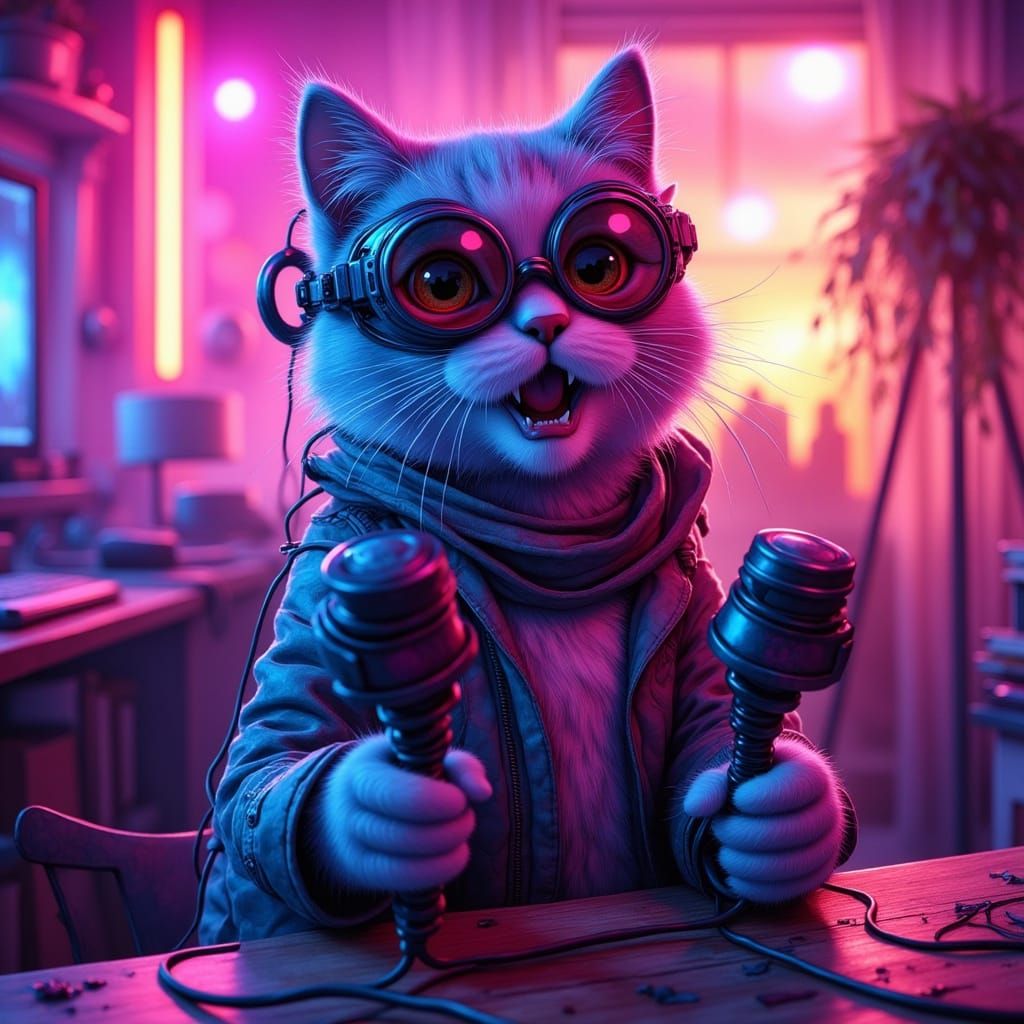 Cat Immersed in VR Game in Cyberpunk Style