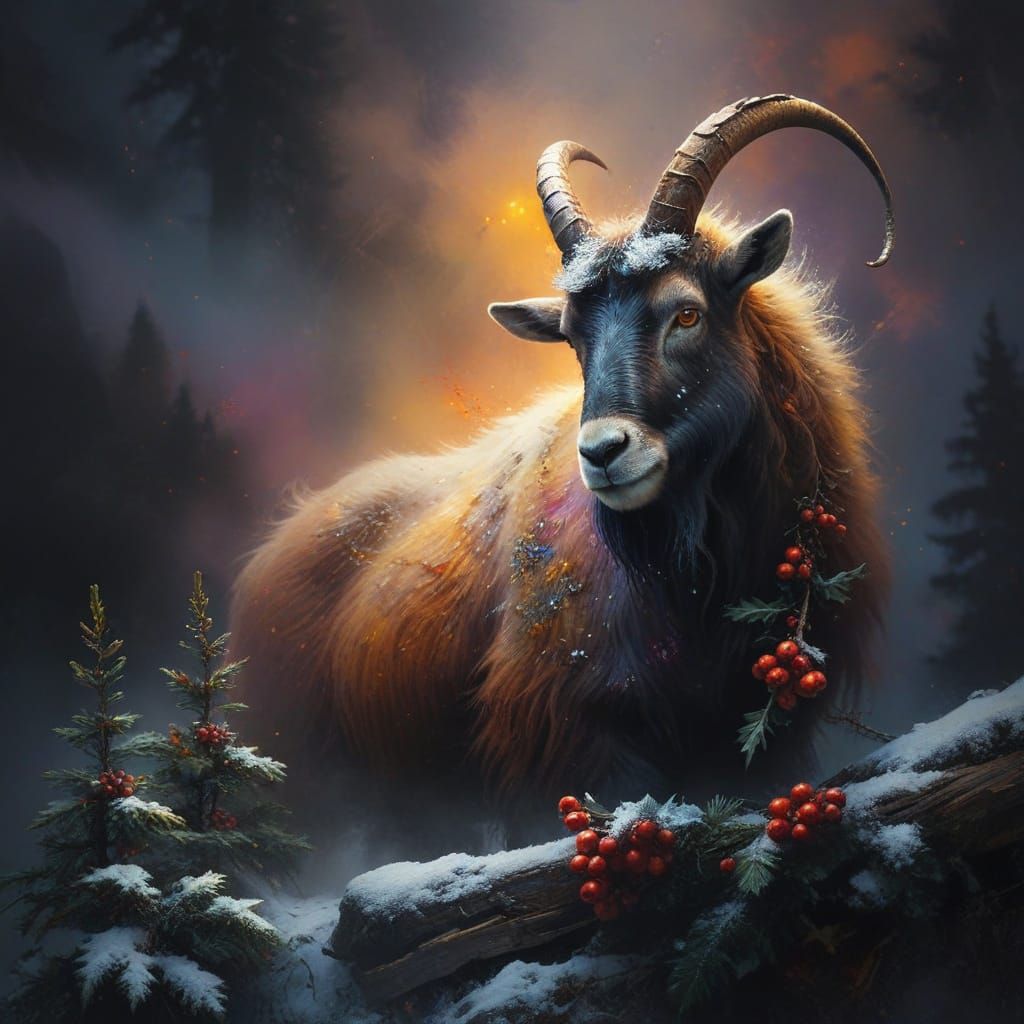 Majestic Mountain Goat Amidst Whimsical Winter Wonderland