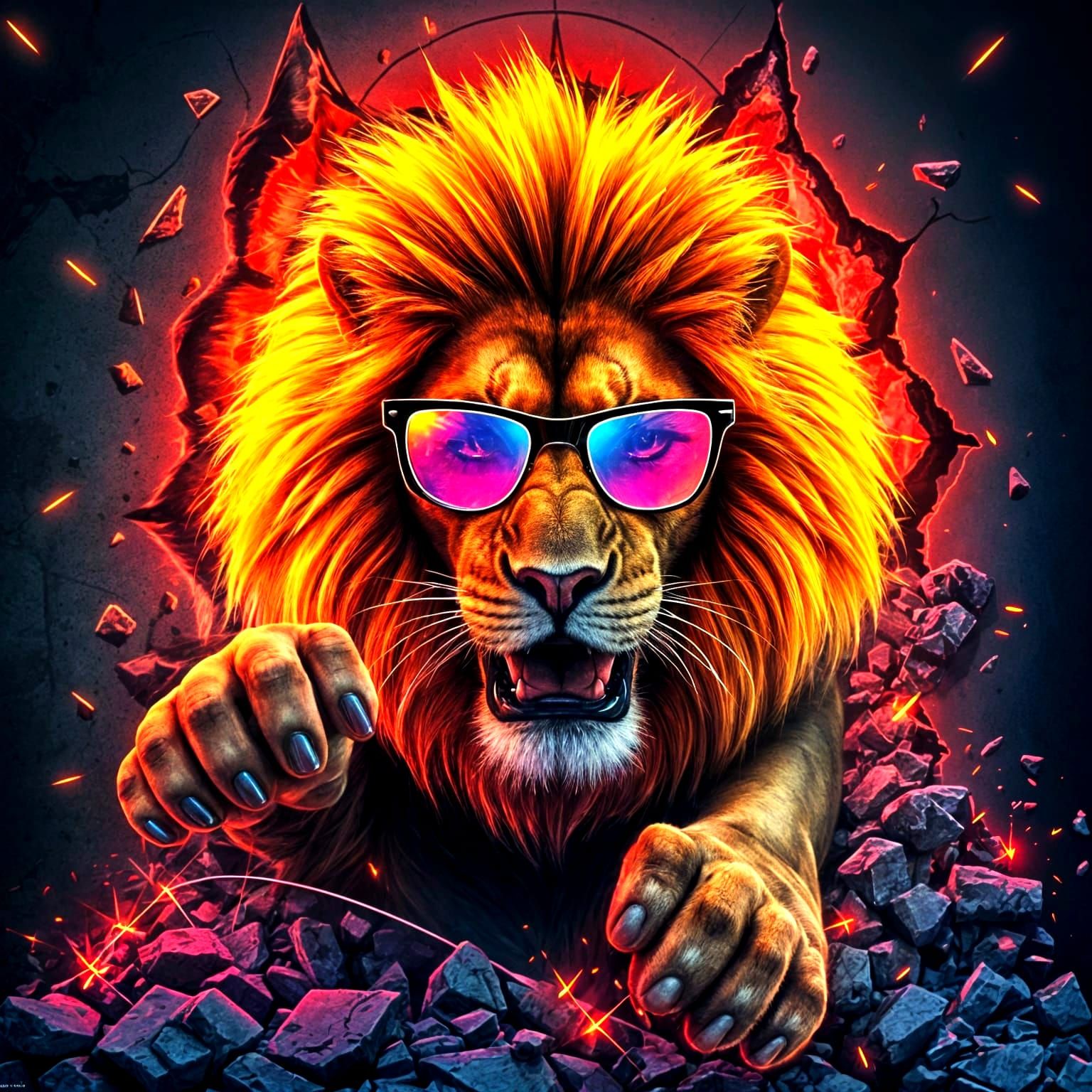 Neon Lion Breaks Through Wall in 80s Style