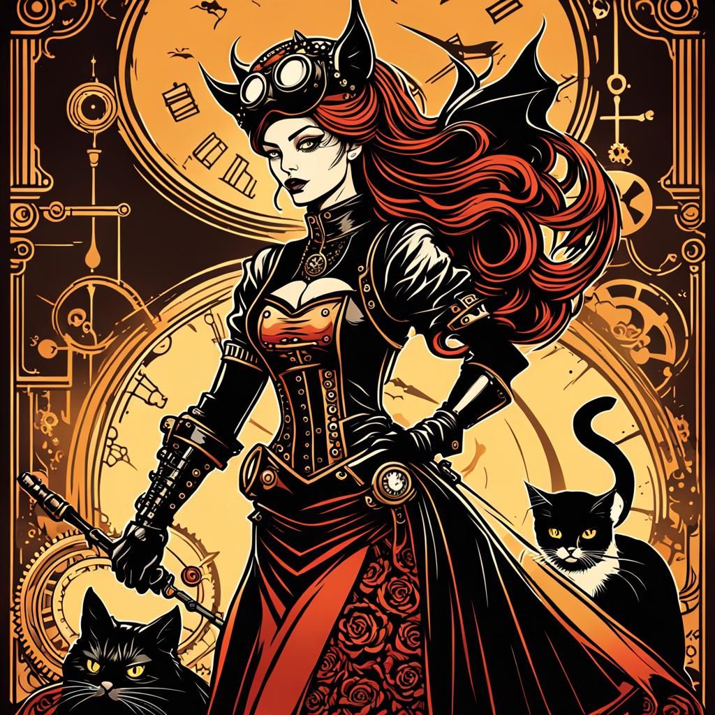 Steampunk She-Devil with Black Cat in Vector Art