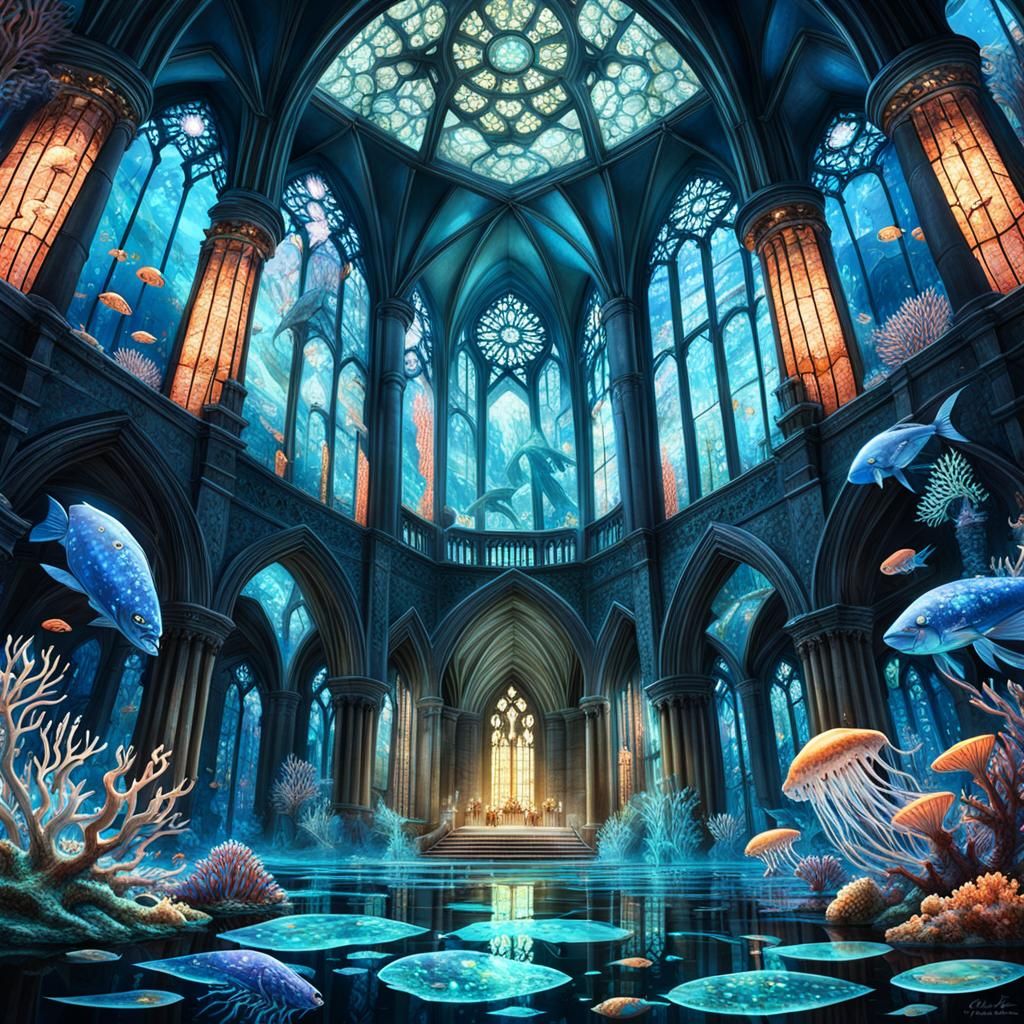 Submerged Cathedral with Bioluminescent Jellyfish, Fantasy C...