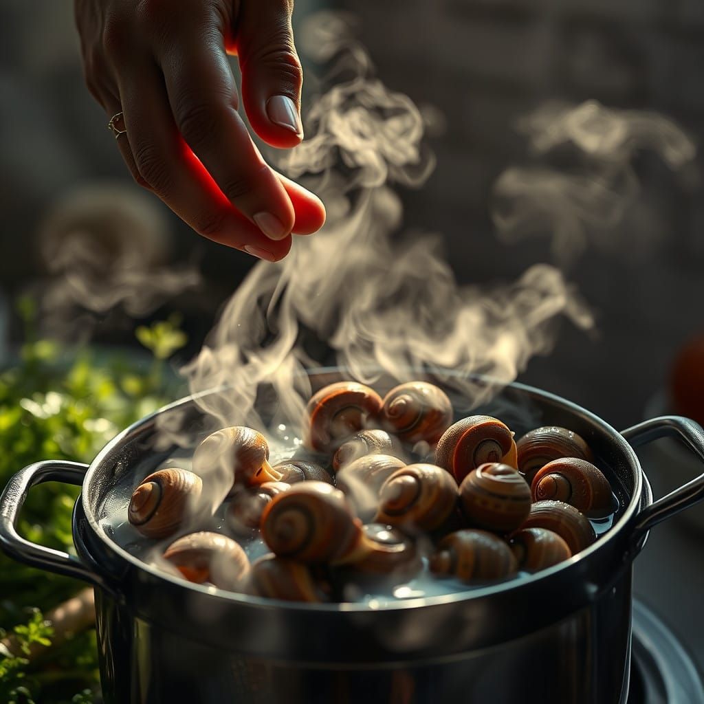 Chef Holds Steaming Pot of Snails in Hyperrealistic Scene