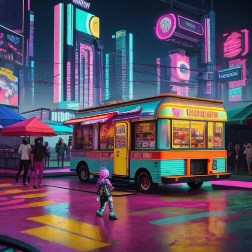Colorful Food Truck in Cyberpunk Style Park