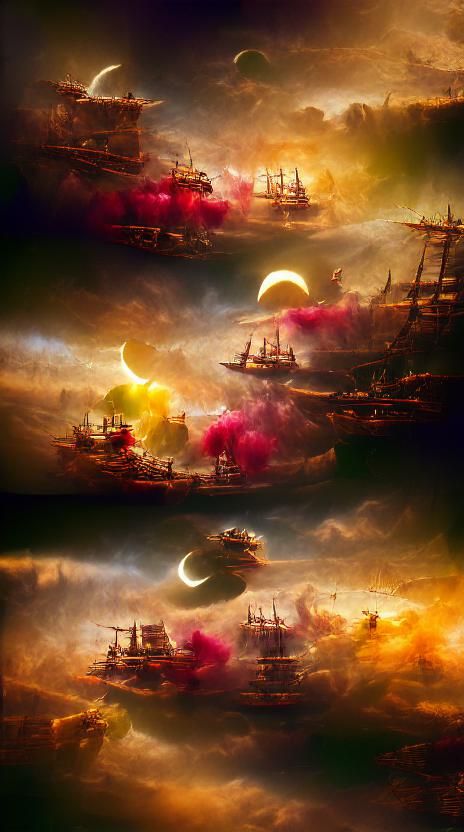 Pirate Ships Clash Near a Great Sun: Matte Painting