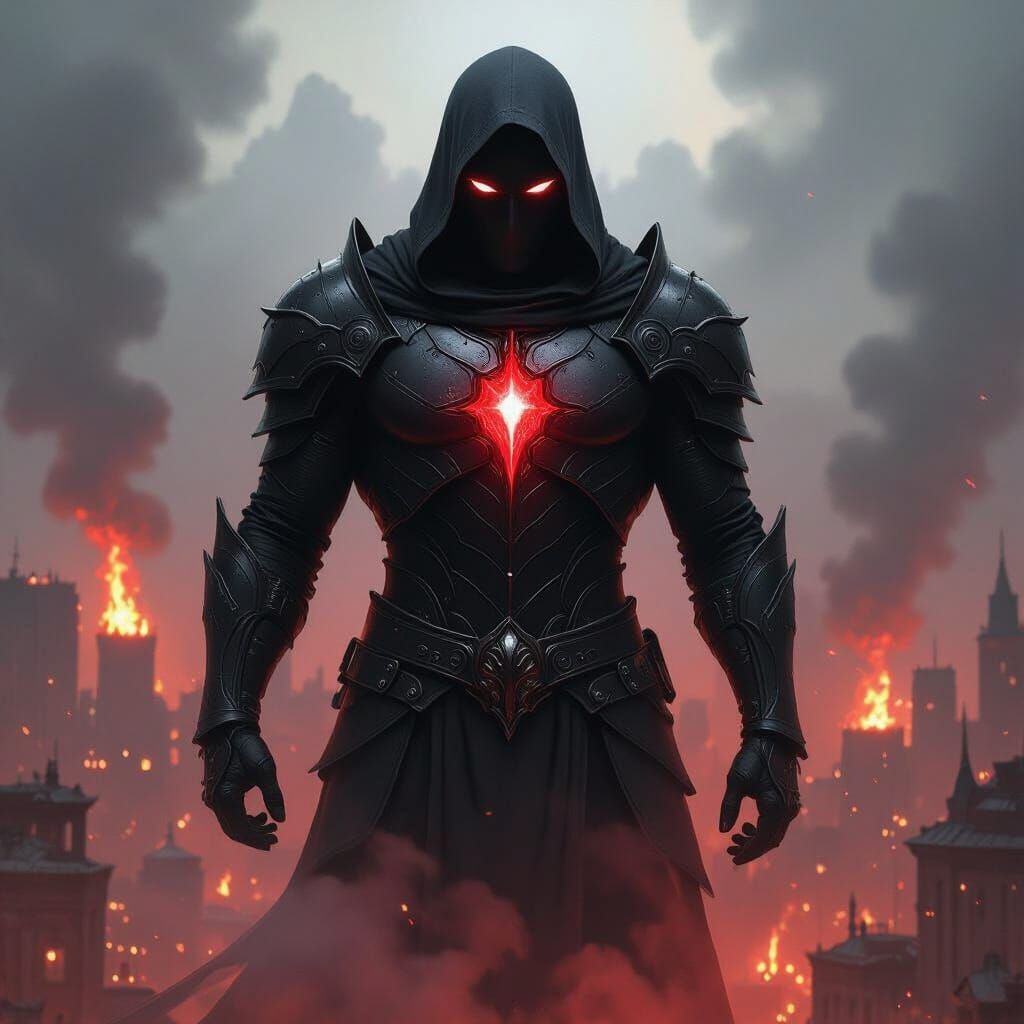 Dark Fantasy Knight Overlooks Burning City