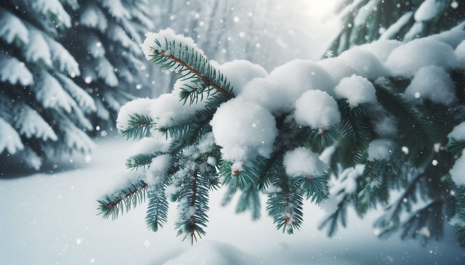 Snowy Fir Branch in Gentle Winter Snowfall