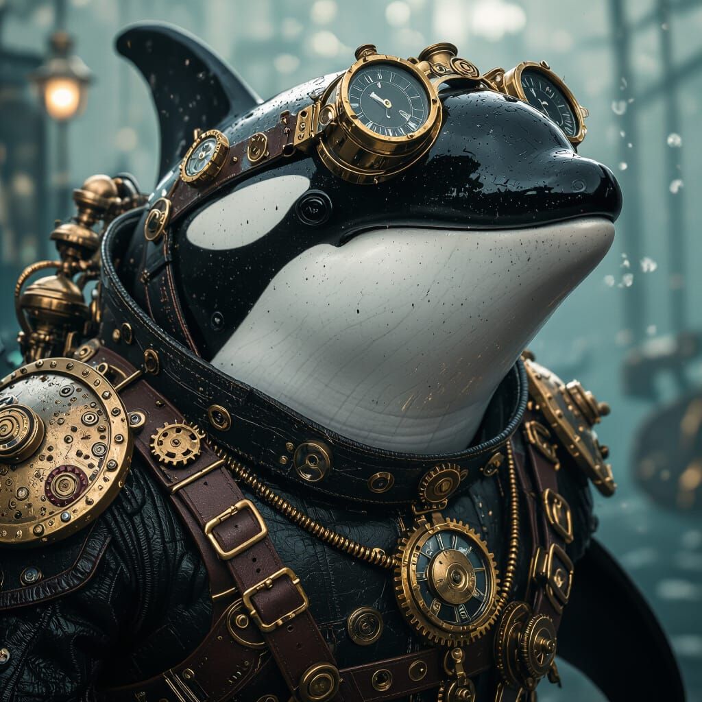 Steampunk Killer Whale Character in Goggles and Gears