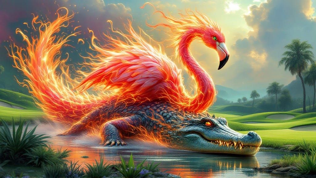 Fiery Flamingo Rides Alligator in Abstract Expressionism