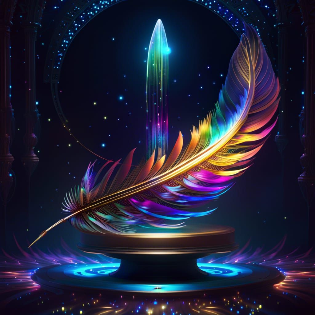 Magical Ethereal Feather on Pedestal in Cosmic Light