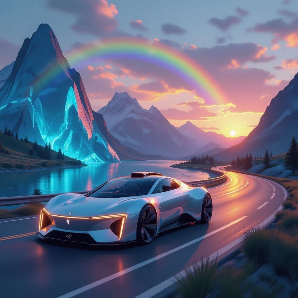 Endless Road with Neon Crystal Mountains