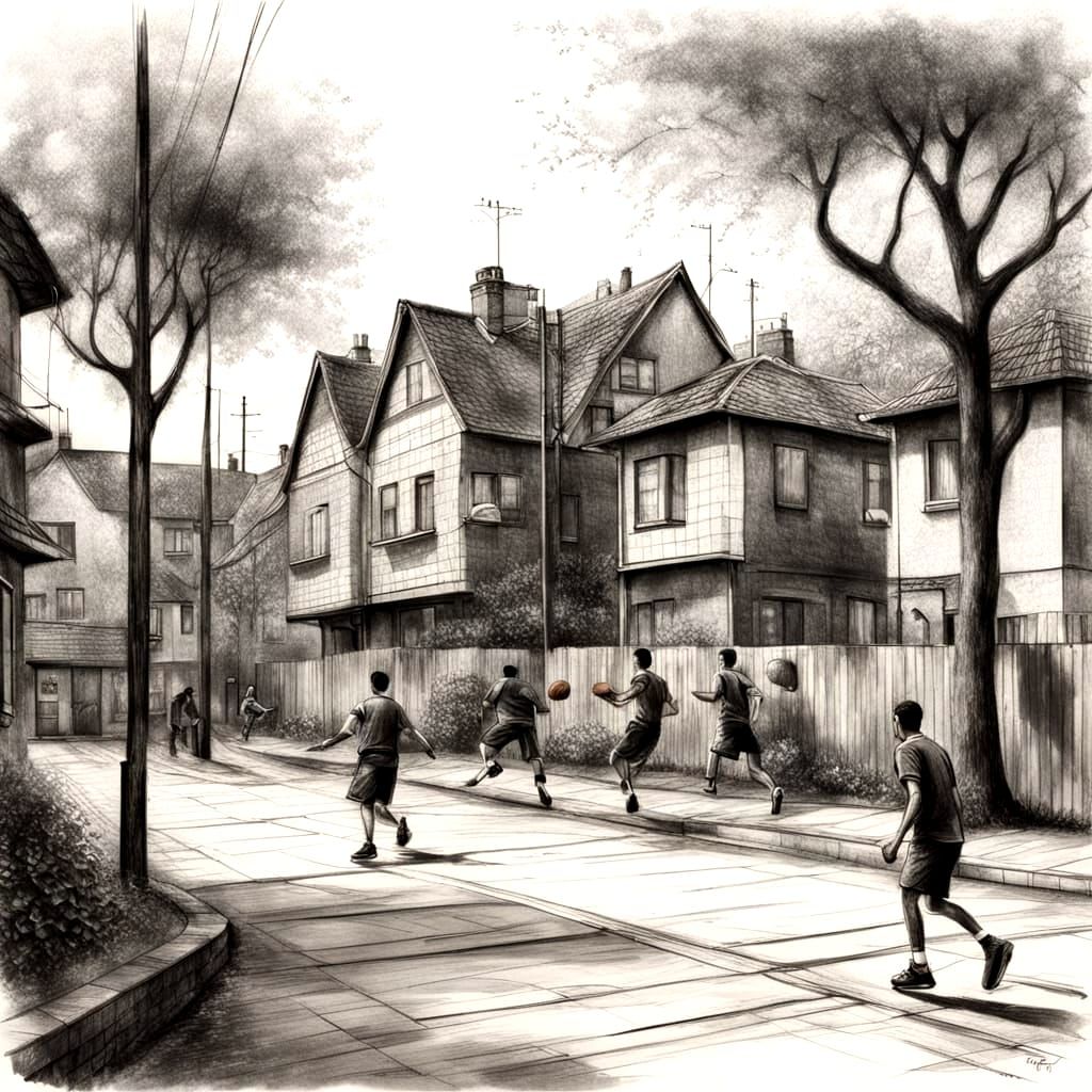 Boys Playing Basketball: Hyperdetailed Charcoal Drawing