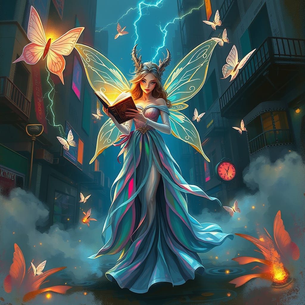 Fairy with Glowing Book in Grunchpunk Cityscape