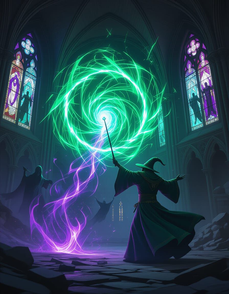 Sorcerer Casts Forbidden Spell in Gothic Cathedral