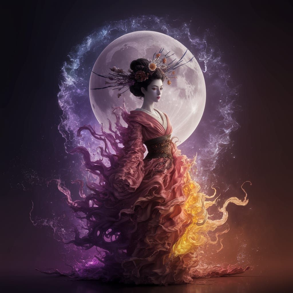 Ethereal Geisha Under Celestial Explosion