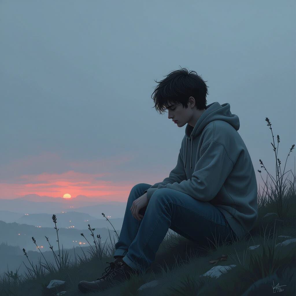 Regretful Young Man on Misty Hillside at Dusk