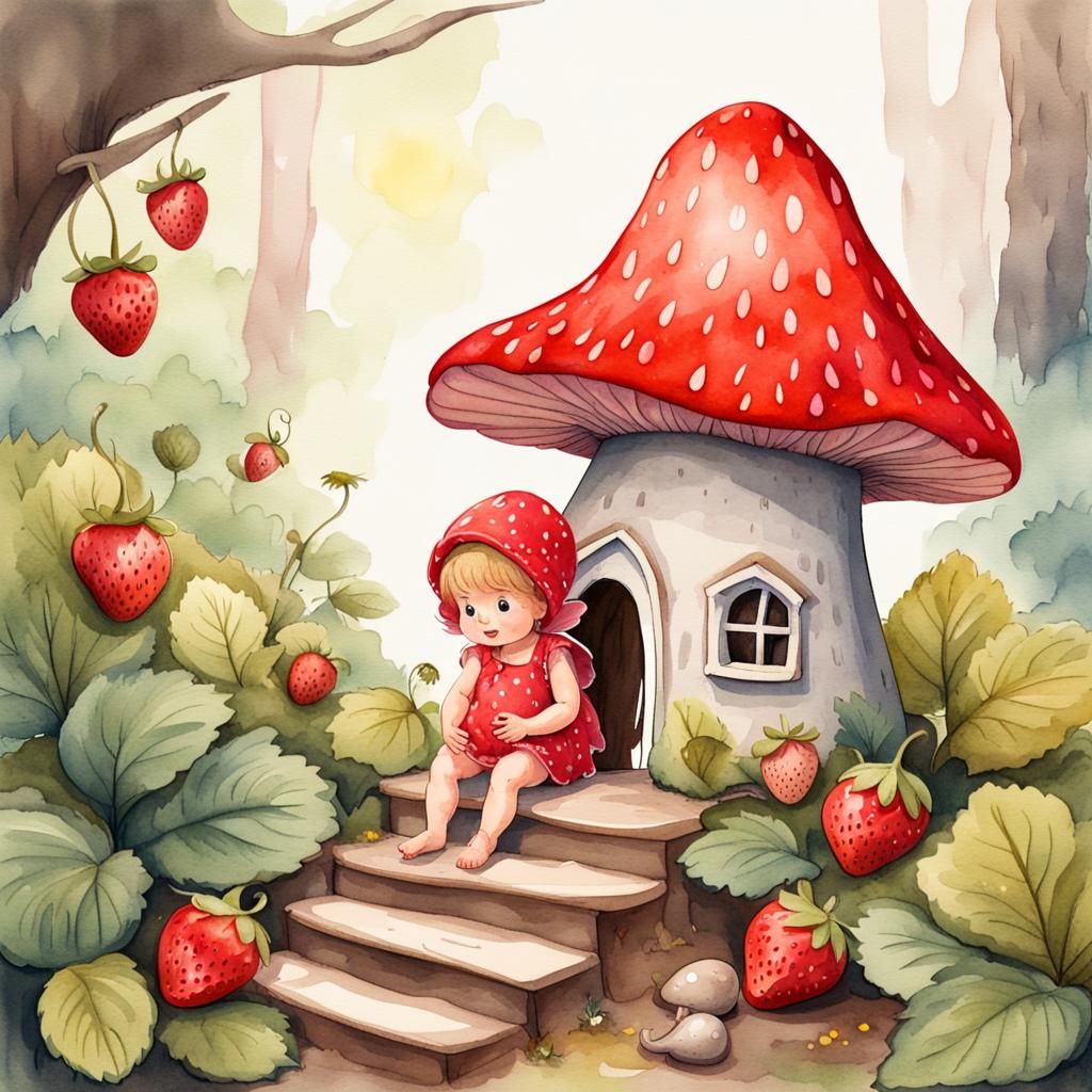 Strawberry Fairy on Mushroom House Steps