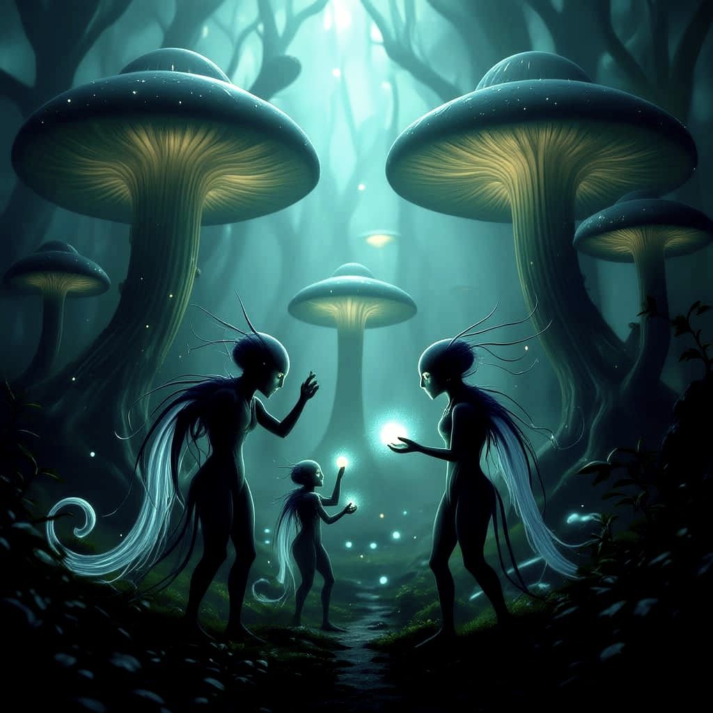Bioluminescent Humanoids Gathering Spores from Giant Mushroo...