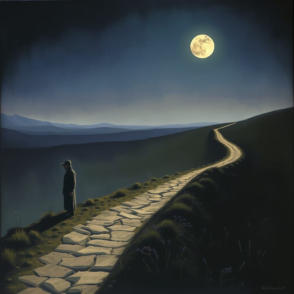 Ethereal Moonlit Path Adventure in Surreal Style